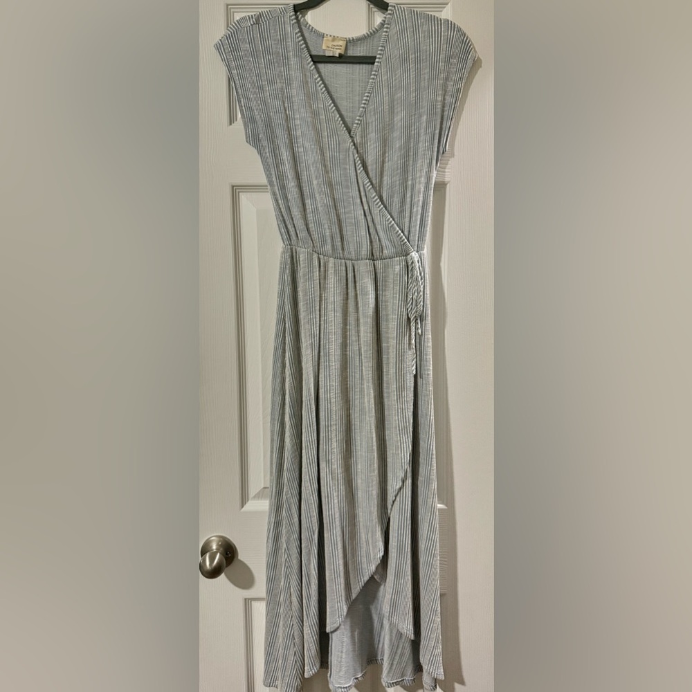 Sleeveless Stripe Wrap Maxi Dress in Light Blue and White